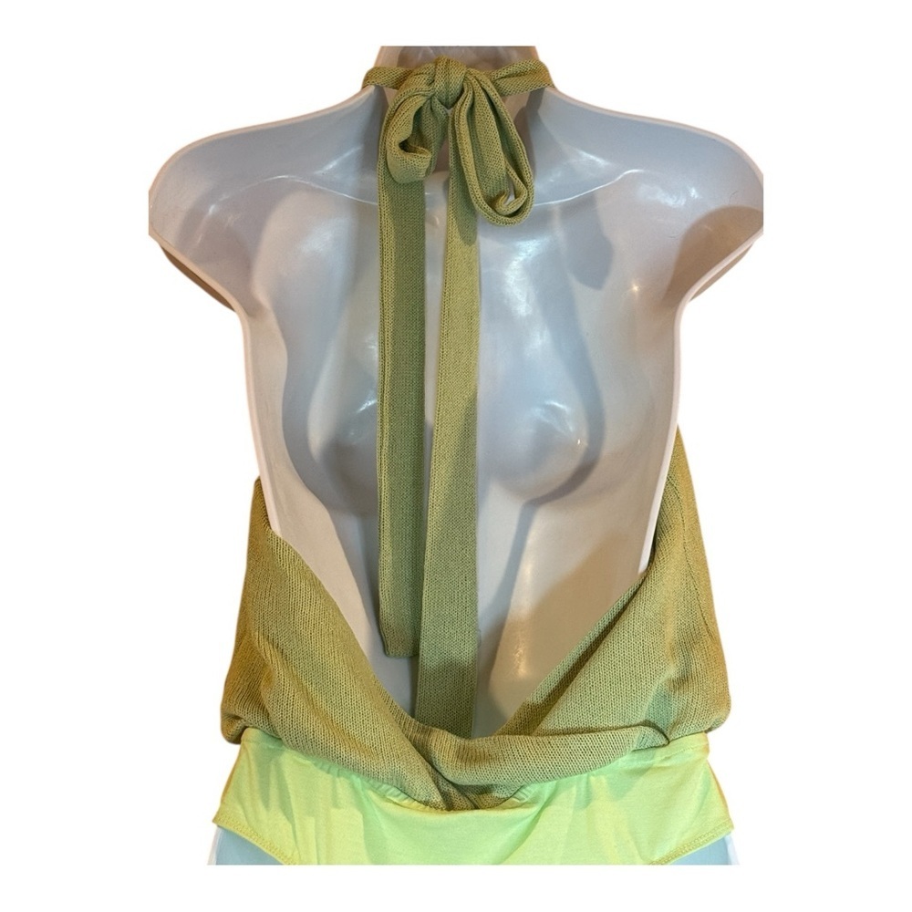Lulu's Light Green Knit Adjustable Tie Halter Faux Wrap Bodysuit Medium - Picture 6 of 7